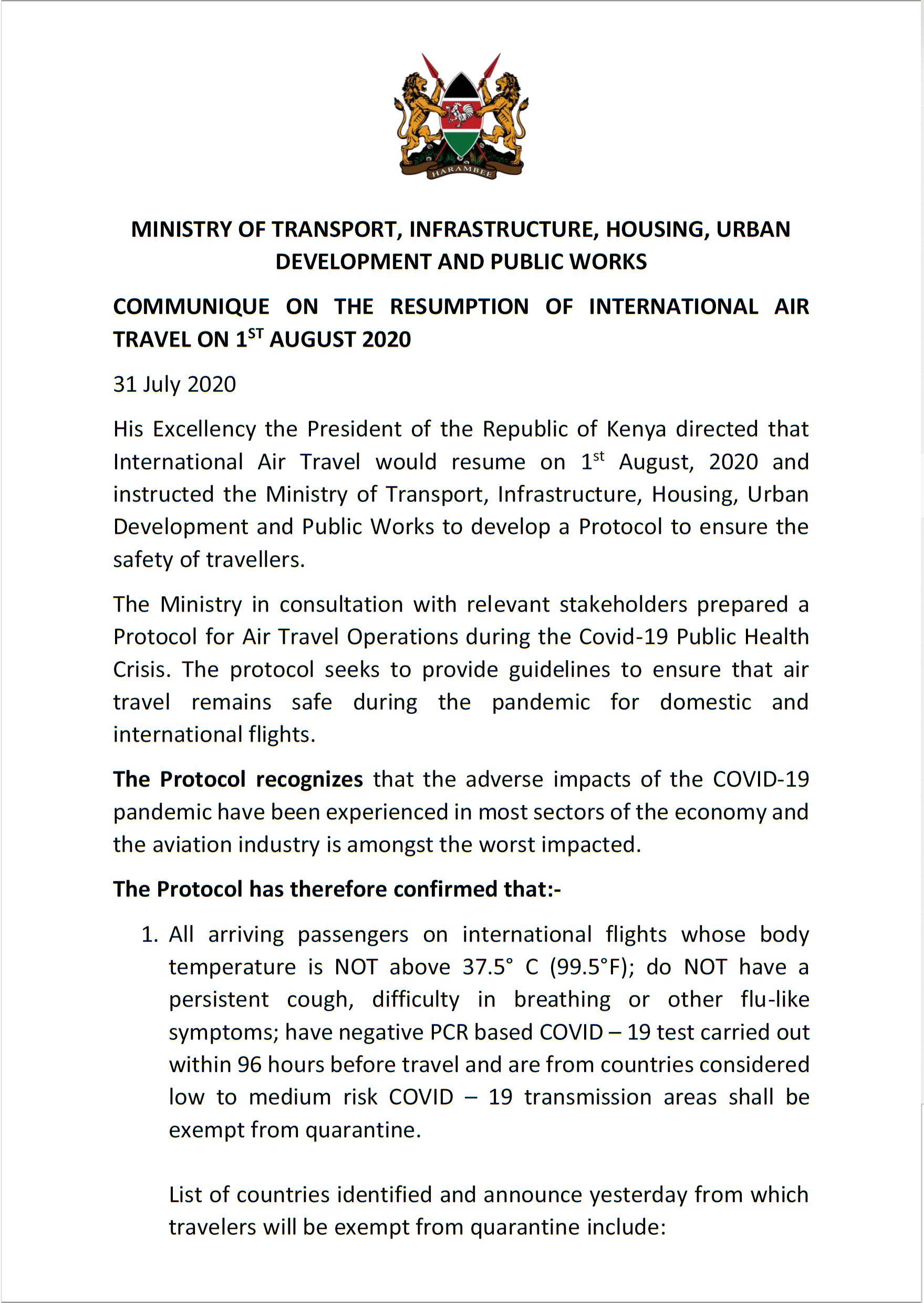 Covid 19 Requirements For Travel To Kenya Kenya Embassy D C